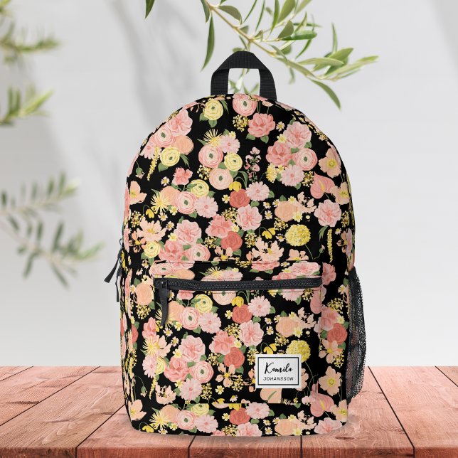 Modern Elegant Peach Pink Floral Monogram Printed Backpack (Creator Uploaded)