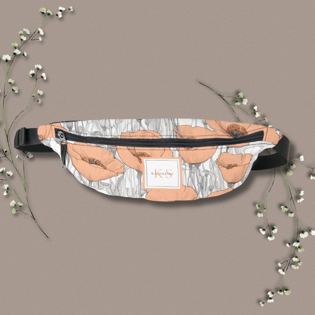 Modern Elegant Peach Poppies Floral Wedding Party Bum Bags (Peach Poppies Personalized Fanny Pack coordinates with Peach Poppies Elegant Wedding Invite Suite.)