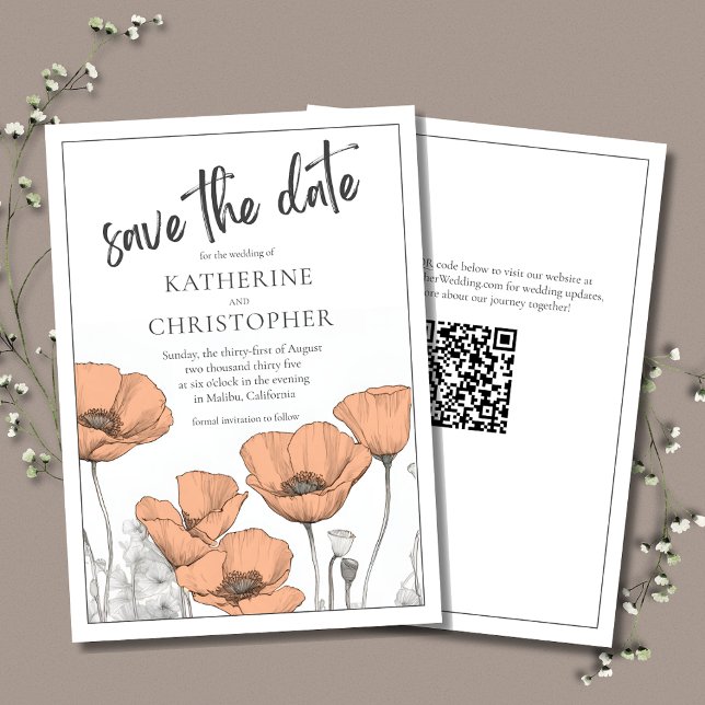 Modern Elegant Peach Poppies Floral Wedding Save The Date (Elegant Wedding Save the Date announcement with Peach Poppies and QR Code for the wedding website.)