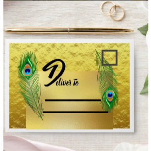 Modern Elegant Peacock Feather Golden Envelope