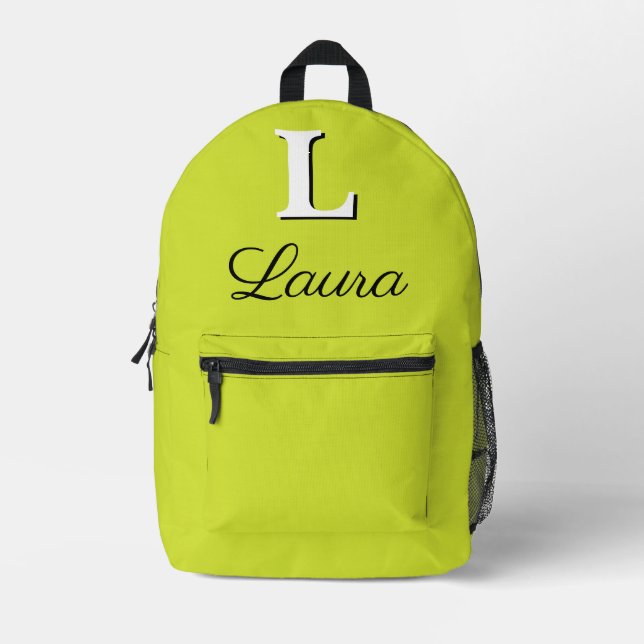 Modern Elegant Pear Yellow Green Monogram Printed Backpack (Front)