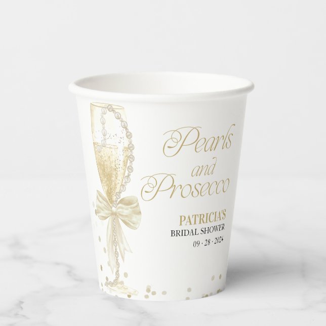 Modern Elegant Pearls & Prosecco Bridal Shower Paper Cups (Front)