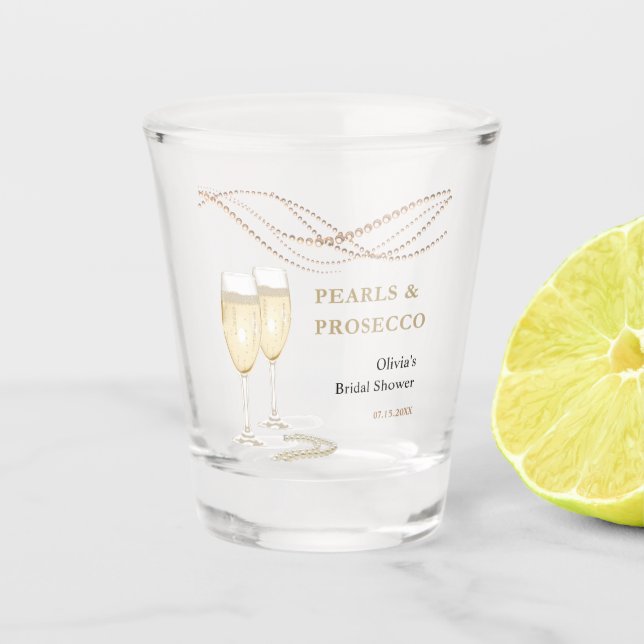 Modern Elegant Pearls & Prosecco Bridal Shower Shot Glass (Front)
