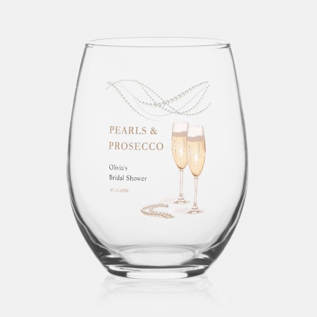 Modern Elegant Pearls & Prosecco Bridal Shower Stemless Wine Glass (Front)