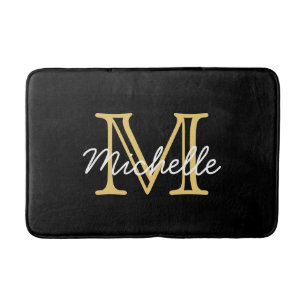 Modern Elegant Personalised Black Gold Name Bath Mat