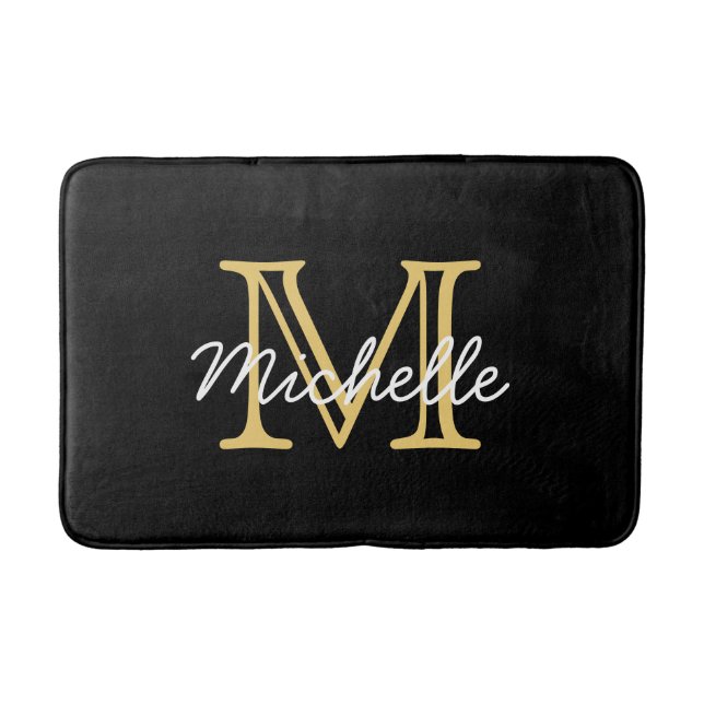 Modern Elegant Personalised Black Gold Name Bath Mat (Front)