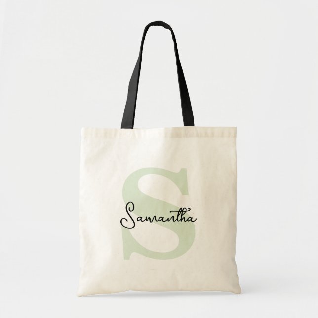 Modern Elegant Personalised Green Monogram Initial Tote Bag (Front)