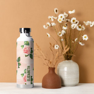 Modern Elegant Personalised Name Pink Rose  Water Bottle
