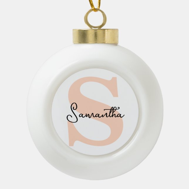 Modern Elegant Personalised Pink Monogram Initial Ceramic Ball Christmas Ornament (Front)