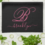 Modern Elegant Personalised Pink Name Monogrammed Tea Towel<br><div class="desc">Modern, minimalist black and hot pink custom personalised name and monogrammed kitchen towel. It features a monogram initial in serif style font and a pretty handwritten first name text template in hot pink, white colour on black background. Great feminine, girly personalised gift. If you need help or matching items, please...</div>