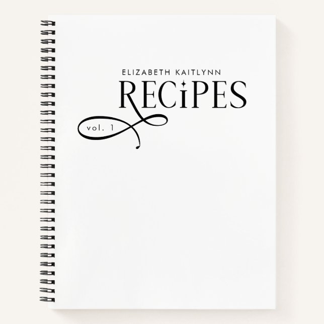 Modern Elegant Personalized Black White Recipes Notebook (Front)