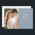 Modern Elegant Photo Calendar Dusty Blue Wedding Save The Date<br><div class="desc">Modern Elegant Photo Calendar Dusty Blue Wedding Save the Date. Easily personalise by replacing each info. Please upload a portrait/vertical photo. Move the circle by clicking the link Customise further. Make sure to check the preview before adding to cart. (Sample Photo by Jonathan Borba from Pexels)</div>