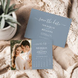 Modern Elegant Photo Calendar Dusty Blue Wedding Save The Date<br><div class="desc">Modern Elegant Photo Calendar Dusty Blue Wedding Save the Date. Easily personalise by replacing each info. Please upload a portrait/vertical photo. Move the circle by clicking the link Customise further. Make sure to check the preview before adding to cart. (Sample Photo by Jonathan Borba from Pexels)</div>