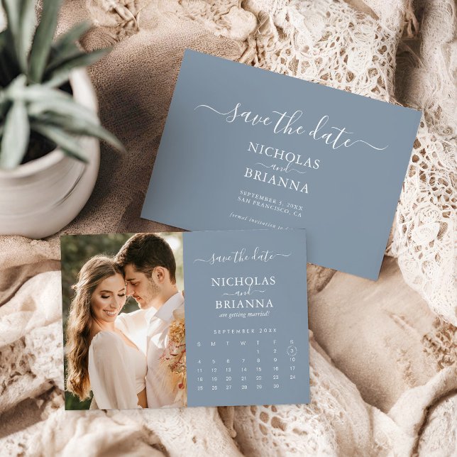 Modern Elegant Photo Calendar Dusty Blue Wedding Save The Date (Creator Uploaded)