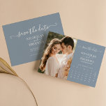 Modern Elegant Photo Calendar Dusty Blue Wedding Save The Date<br><div class="desc">Modern Elegant Photo Calendar Dusty Blue Wedding Save the Date. Easily personalise by replacing each info. Please upload a portrait/vertical photo. Move the circle by clicking the link Customise further. Make sure to check the preview before adding to cart. (Sample Photo by Jonathan Borba from Pexels)</div>