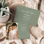 Modern Elegant Photo Calendar Sage Green Wedding Save The Date<br><div class="desc">Modern Elegant Photo Calendar Sage Green Wedding Save the Date. Easily personalise by replacing each info. Please upload a portrait/vertical photo. Move the circle by clicking the link Customise further. Make sure to check the preview before adding to cart. (Sample Photo by Jonathan Borba from Pexels)</div>