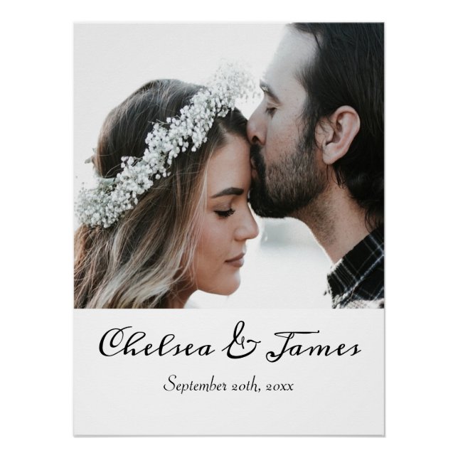 Modern Elegant Photo Calligraphy Name Date Wedding Poster (Front)
