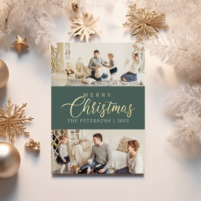 Modern Elegant Photo Collage Christmas Greeting Foil Holiday Card (Modern Elegant Photo Collage Christmas Greeting Foil Holiday Card on a table with golden decor.)