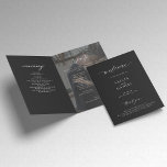 Modern elegant photo folded wedding programme<br><div class="desc">Modern simple minimalist typography trendy black folded photo ceremony and party wedding program template featuring a chic trendy calligraphy script and dark overlay.              Easy to personalise with one or two custom photos and text on the front,  inside left and right,  and on the backside!</div>