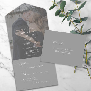 Modern elegant photo grey charcoal wedding RSVP All In One Invitation