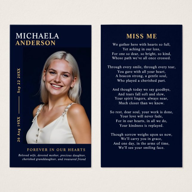 Modern Elegant Photo Memorial Prayer Card (Front & Back)
