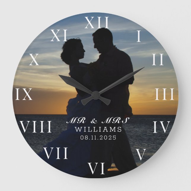 Modern Elegant Photo Newly Wed Wedding Large Clock (Front)