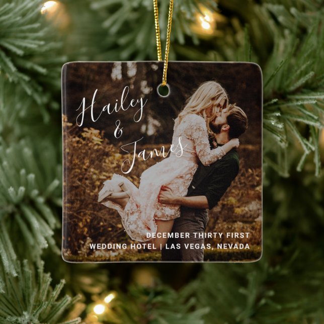 Modern Elegant Photo Newylwed First Christmas Ceramic Ornament (Tree)