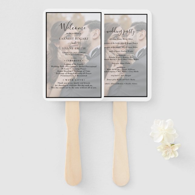 Modern Elegant Photo Overlay Wedding Program Hand Fan (Front and Back)