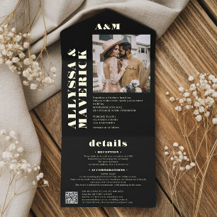 Modern elegant photo qr code black wedding all in one invitation