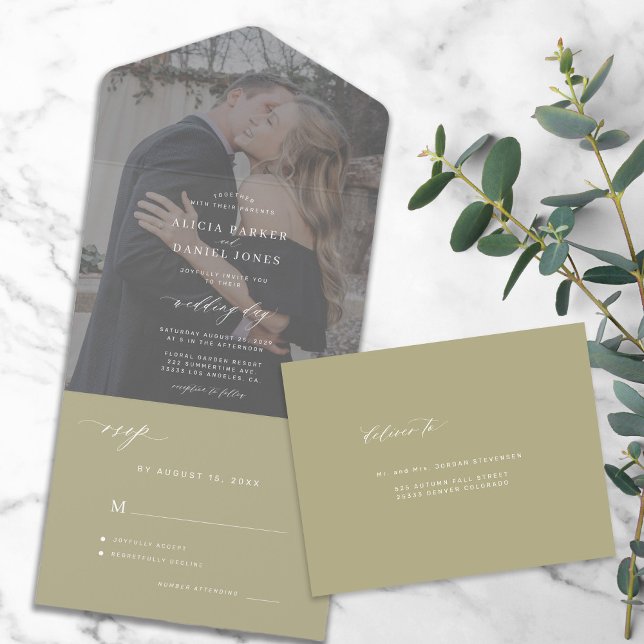 Modern elegant photo sage green wedding RSVP All In One Invitation (Creator Uploaded)