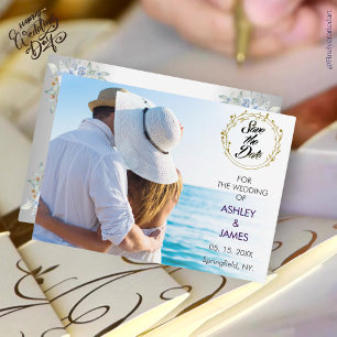 Modern Elegant Photo Save the Date Gold Floral  Invitation
