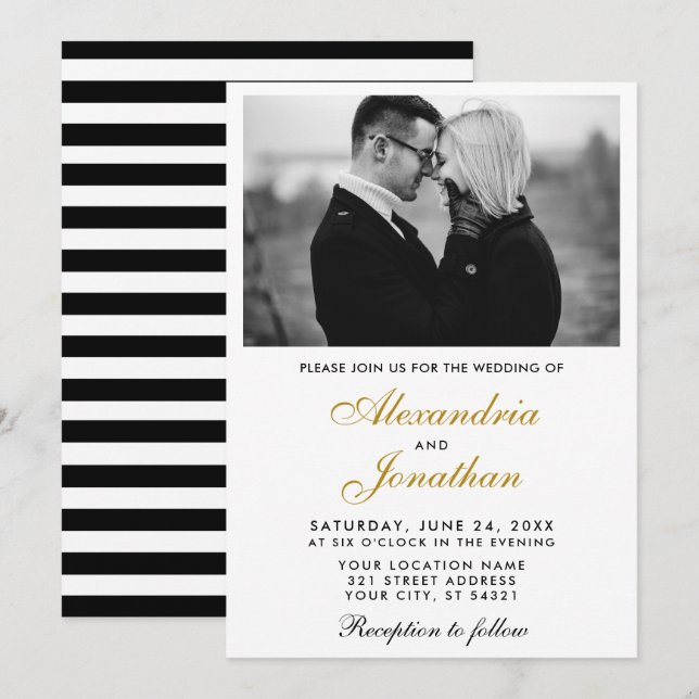 Modern Elegant Photo Striped Wedding Gold BW Invitation (Front/Back)
