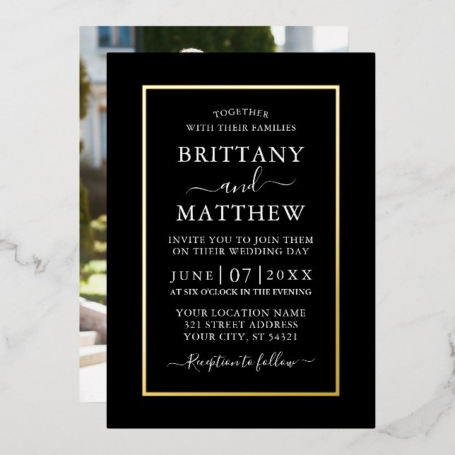 Modern Elegant Photo Wedding Black Gold  (Front/Back)