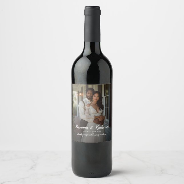 Modern elegant photo wedding  wine label (Front)