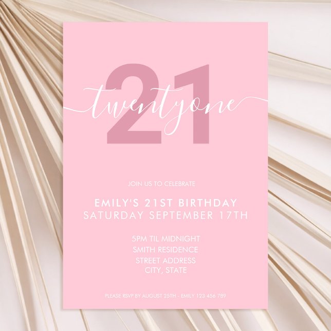 Modern Elegant Pink 21st Birthday Invitation (Creator Uploaded)