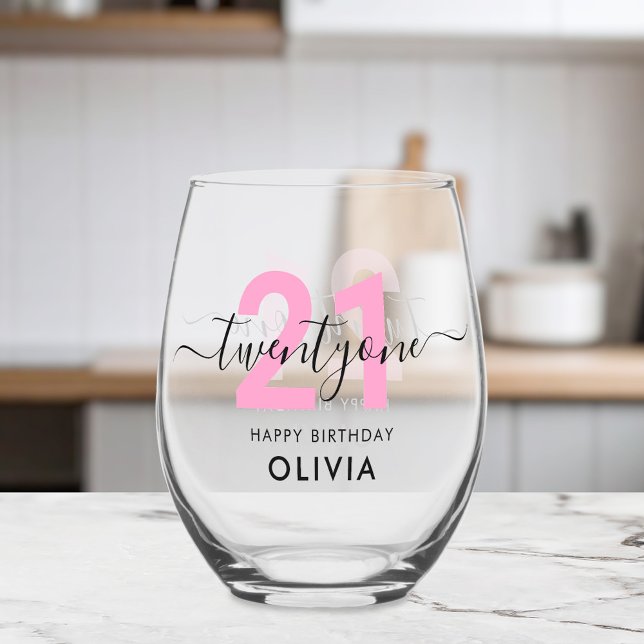 Modern Elegant Pink 21st Birthday Stemless Wine Glass (Creator Uploaded)