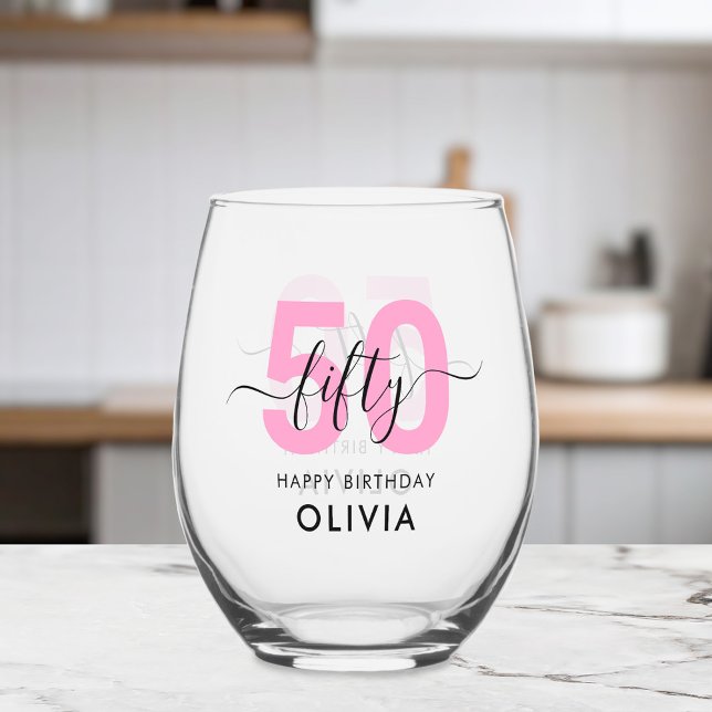 Modern Elegant Pink 50th Birthday Stemless Wine Glass (Creator Uploaded)