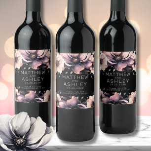 Modern Elegant Pink Black Floral Wedding Wine Label