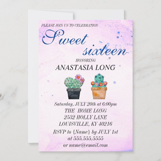 Modern, Elegant Pink Blue Cactus Save The Date (Front)