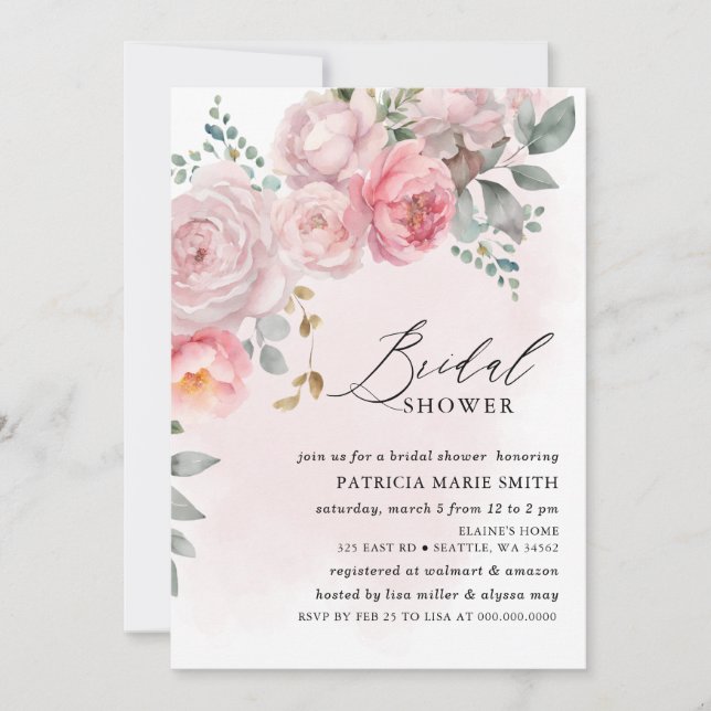 Modern Elegant Pink Blush Floral Bridal Shower Invitation (Front)