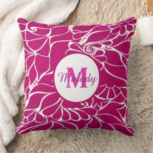 modern elegant pink botanical floral mehndi henna cushion