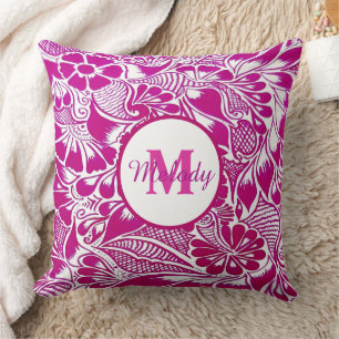 modern elegant pink botanical floral mehndi henna cushion