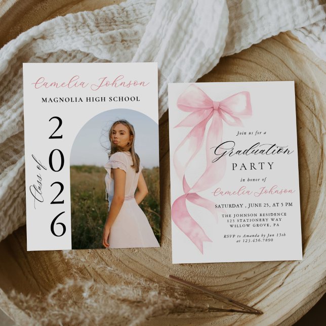 Modern Elegant Pink Bow Arch Photo Graduation Invitation (Creator Uploaded)