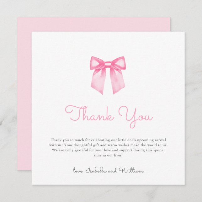 Modern Elegant Pink Bow Baby Shower Thank You Card (Front/Back)