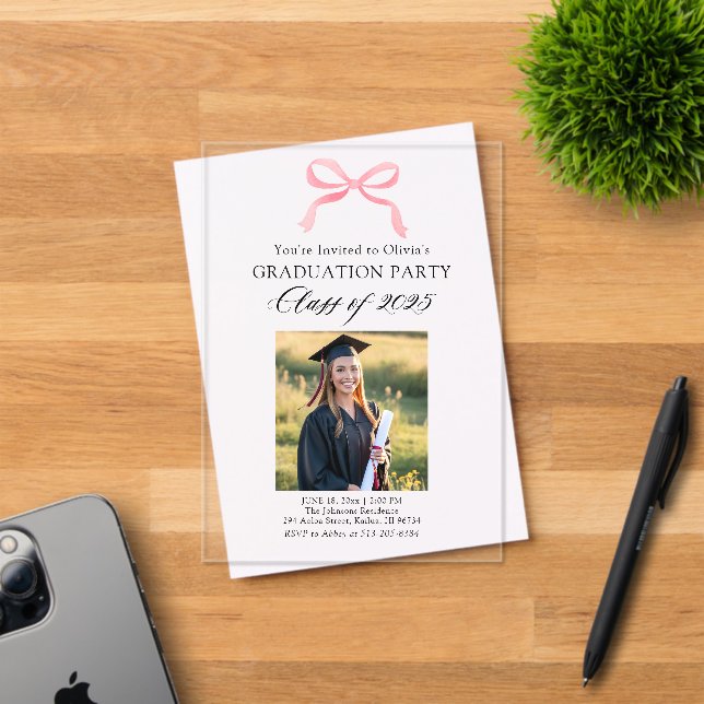 Modern Elegant Pink Bow Graduation Acrylic Invitations (Insitu (Invitation Card))