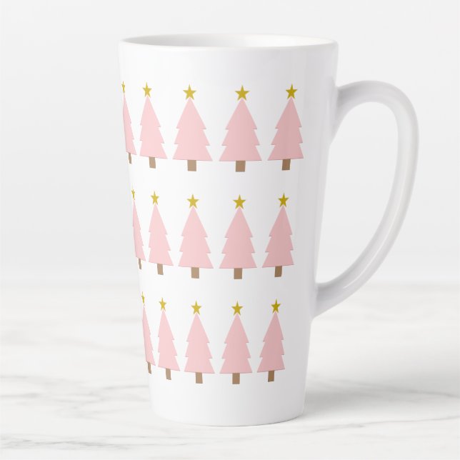 Modern Elegant Pink Christmas Tree Art, Gold Star Latte Mug (Right)