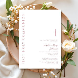 Modern Elegant Pink Cross Girl First Communion Invitation