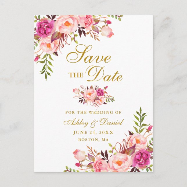 Modern Elegant Pink Floral Gold Save the Date Announcement Postcard (Front)