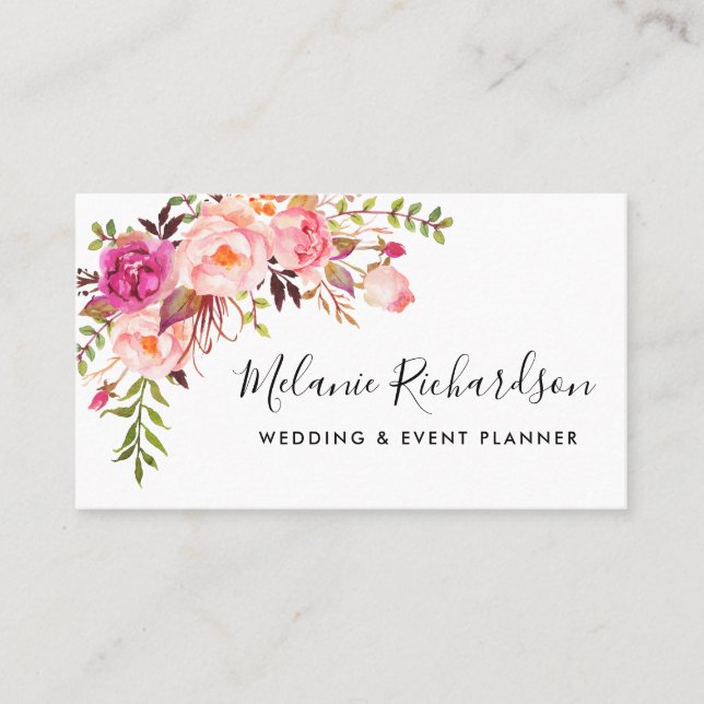 Modern Elegant Pink Floral Greenery Business Card (Front)
