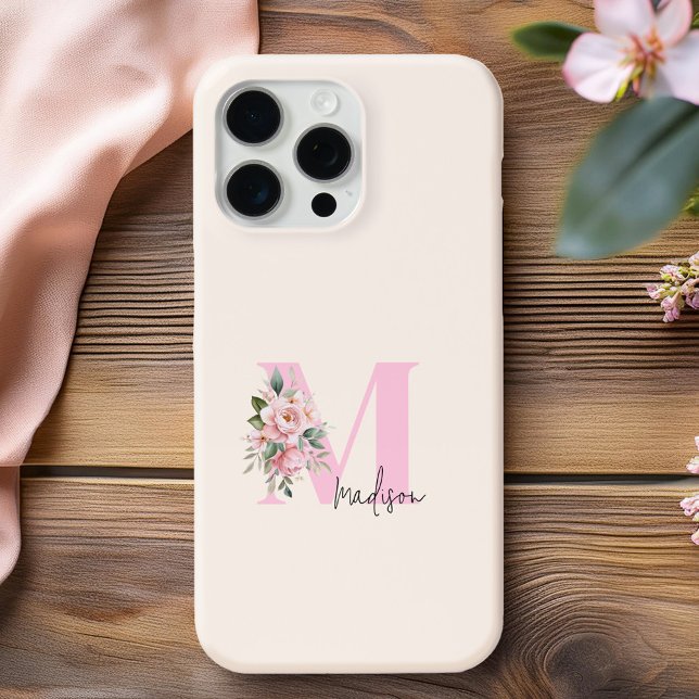 Modern Elegant Pink Floral Initial Name Monogram Case-Mate iPhone Case (Creator Uploaded)